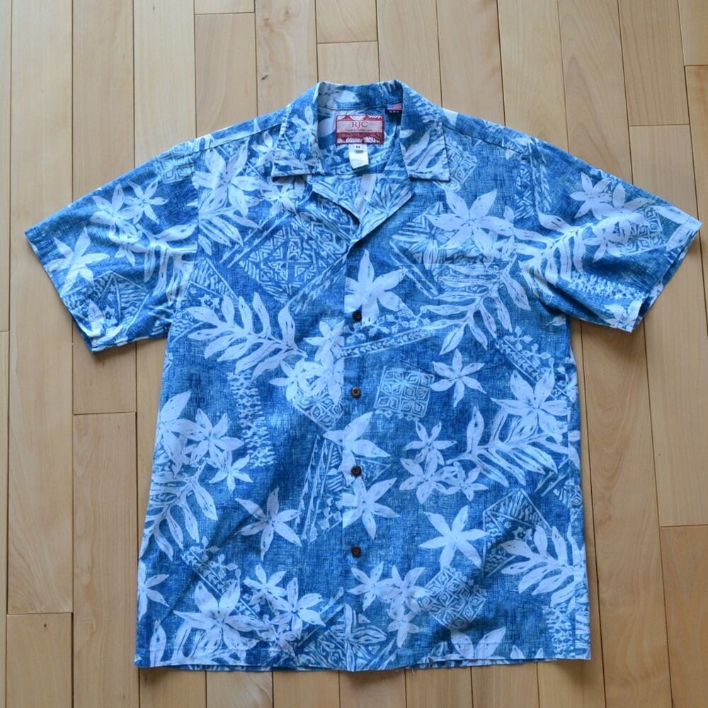 RJC Hawaiian Shirt Short Sleeve Button Down Blue White Tropical Size Medium
